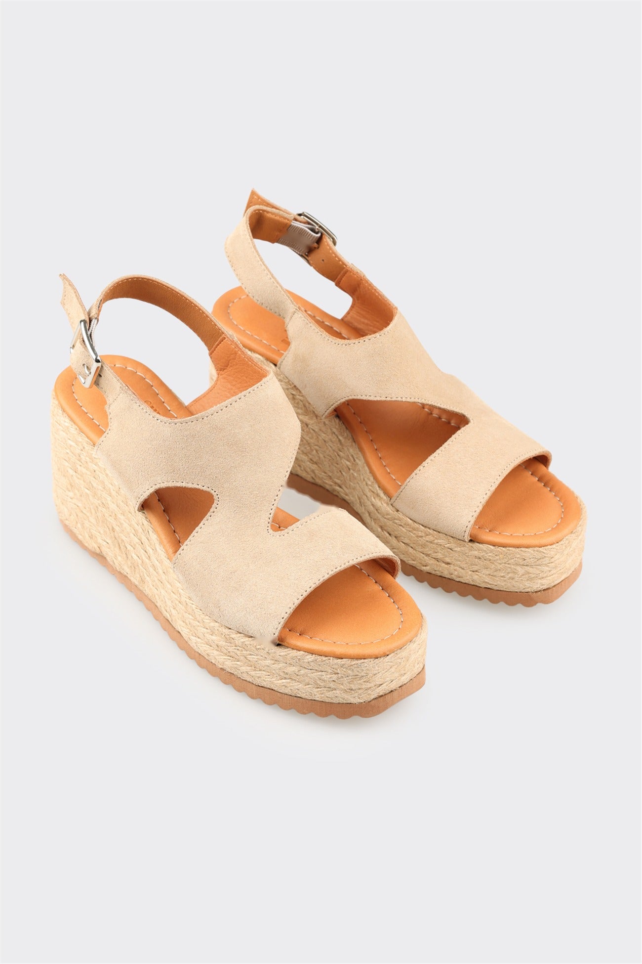Beige Leather Women's Wedge Espadrille
