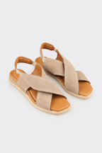 Beige Leather Women's Flat Sandal