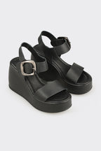 Black Leather Women's Wedge Sandal