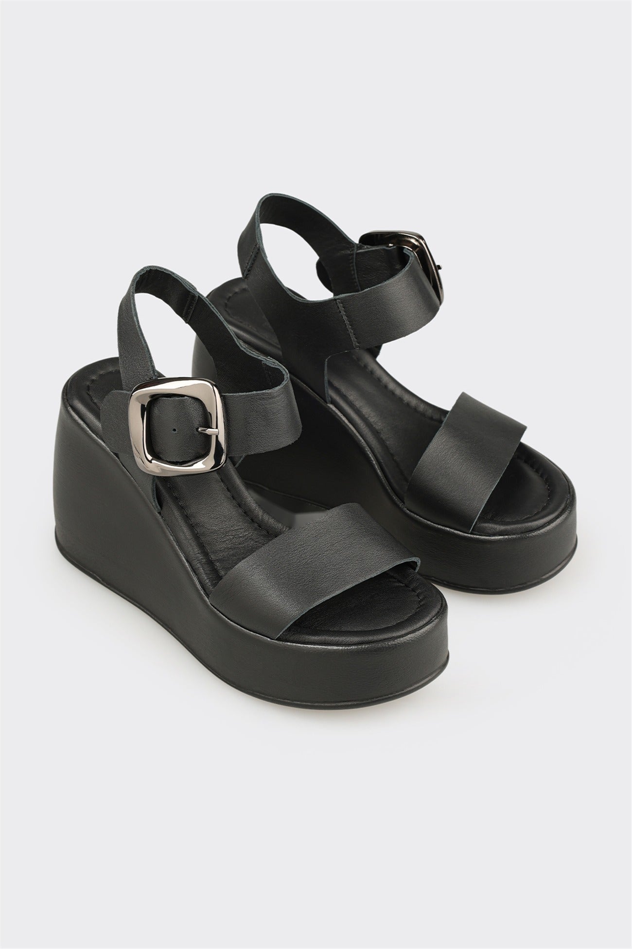 Black Leather Women's Wedge Sandal