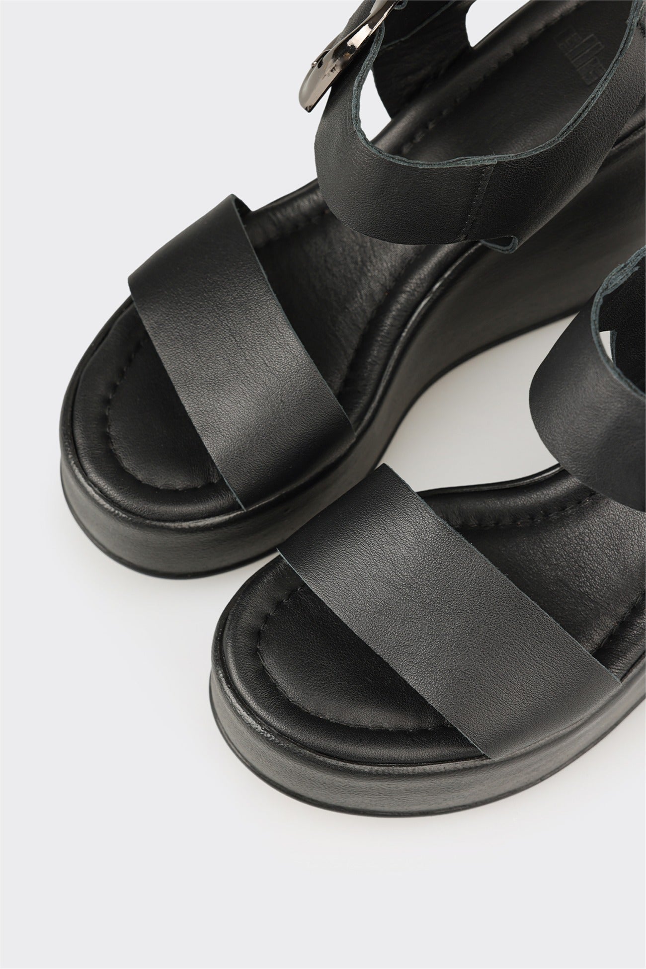 Black Leather Women's Wedge Sandal